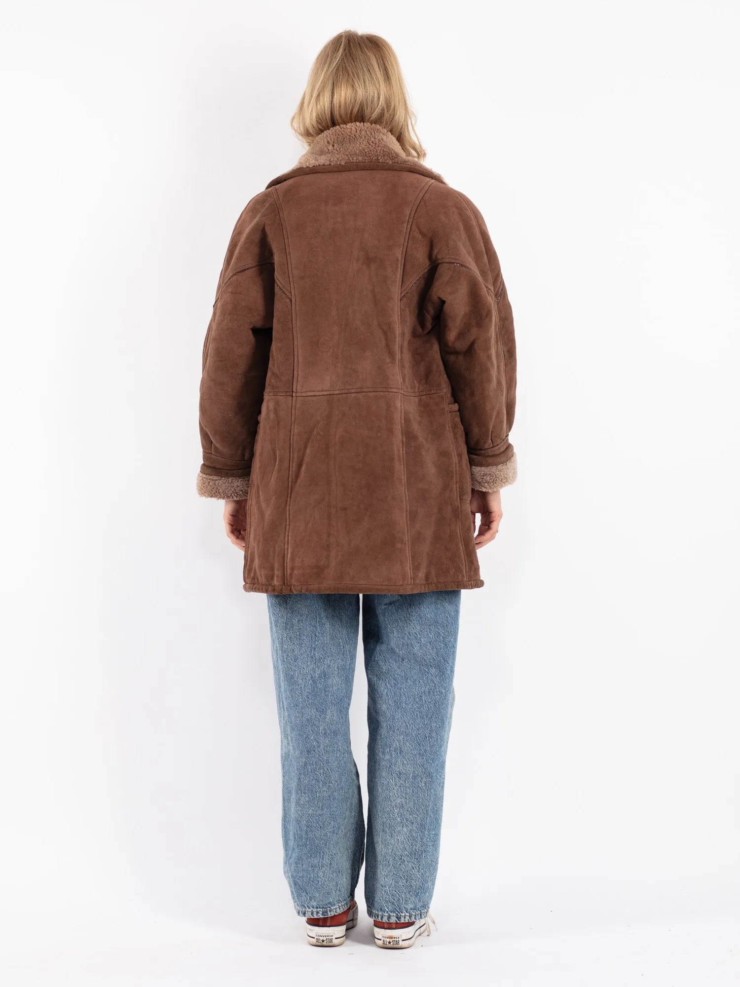 Vintage 80's Women Oversized Sheepskin Coat in Brown