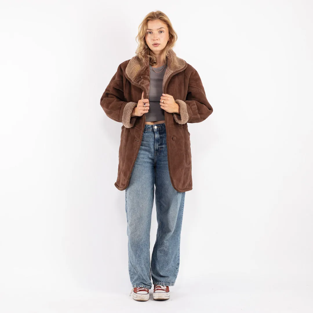 Vintage 80's Women Oversized Sheepskin Coat in Brown