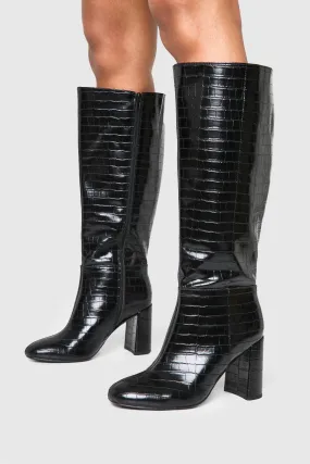 Wide Fit Croc Flared Heel Knee High Boots