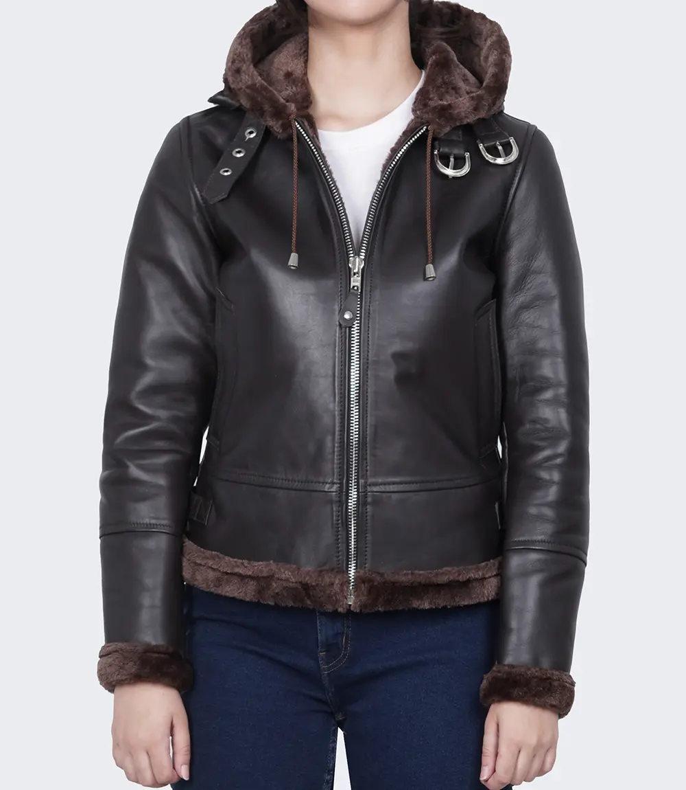 Women's Dark Brown Leather Aviator Jacket With Hood