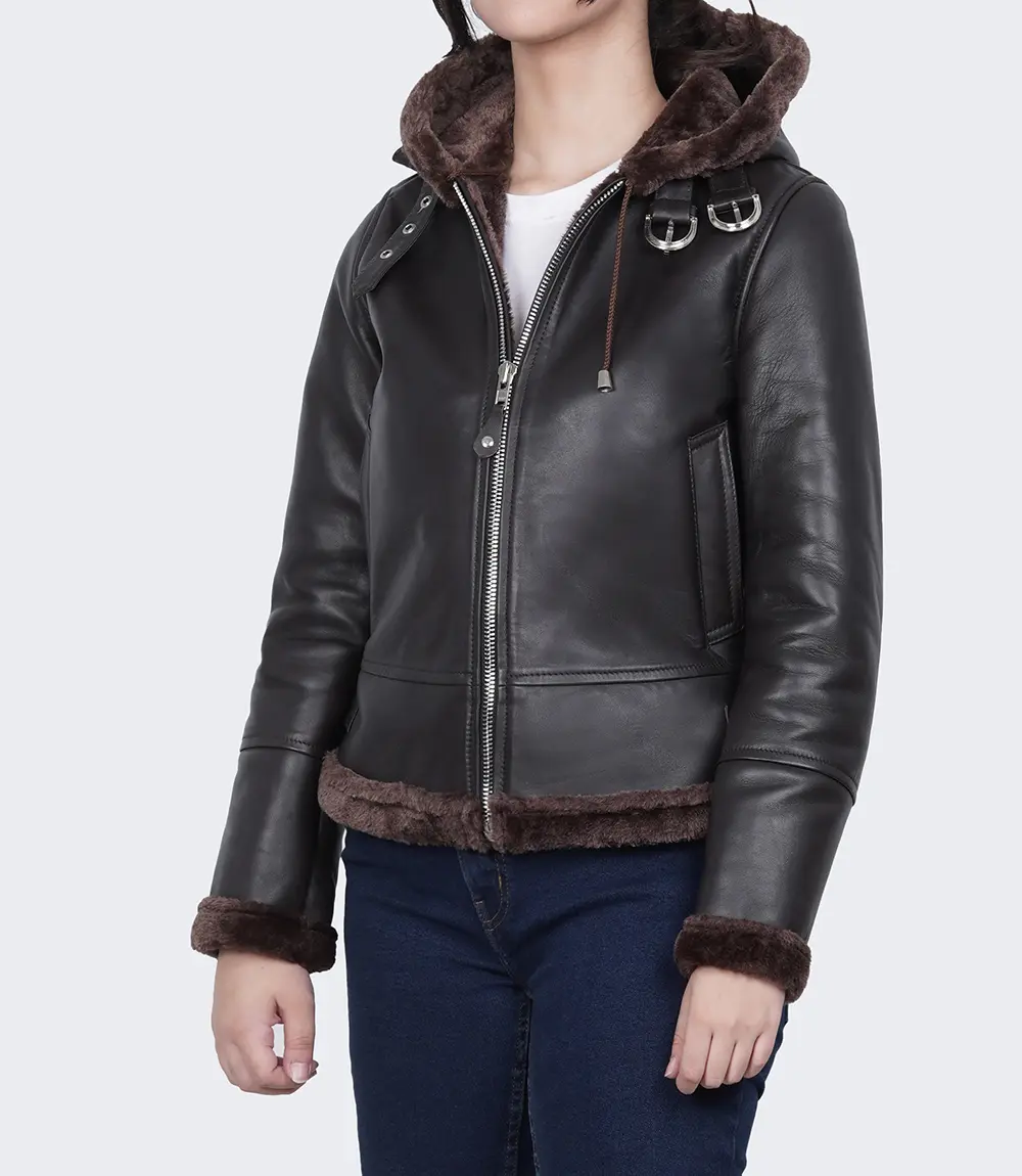 Women's Dark Brown Leather Aviator Jacket With Hood