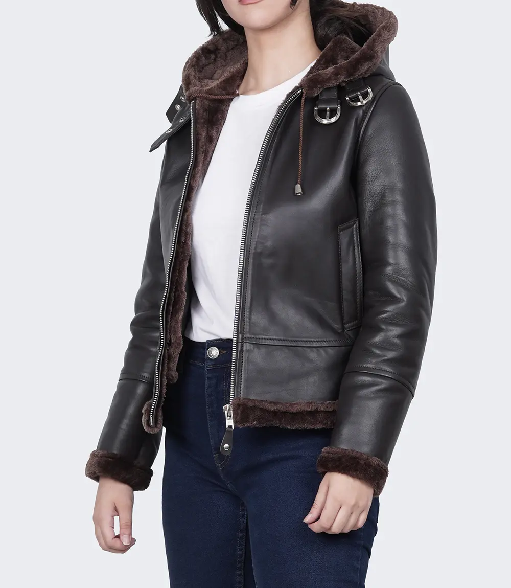 Women's Dark Brown Leather Aviator Jacket With Hood