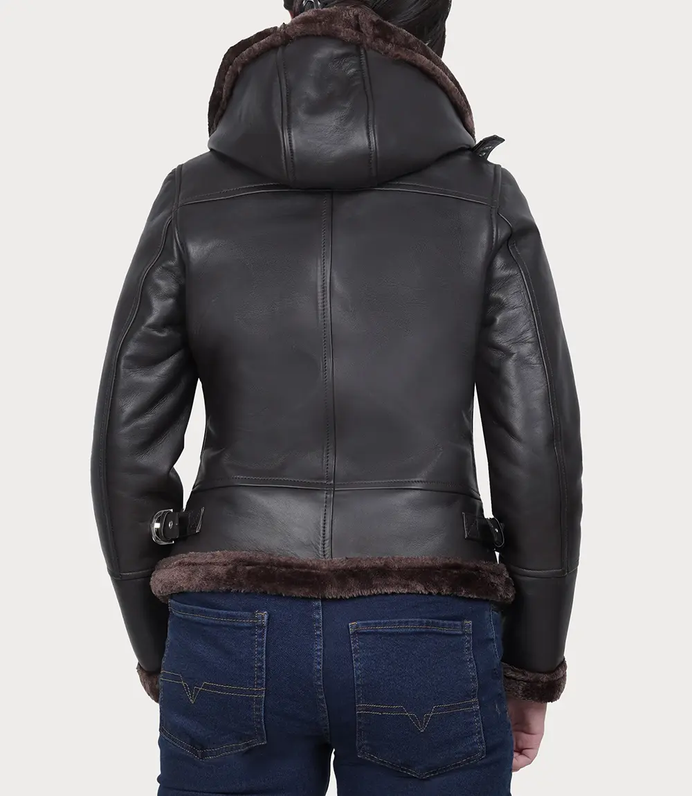 Women's Dark Brown Leather Aviator Jacket With Hood