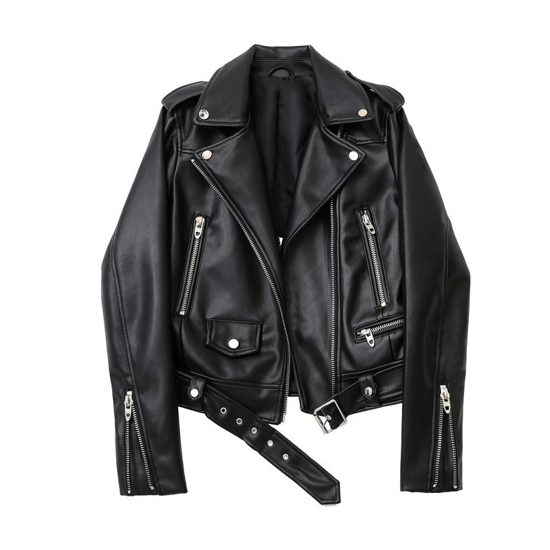 Womens Autumn 2023 PU leather Motorcycle jacket with belt