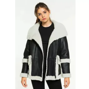 Women’s Black Leather White Shearling Big Fur Collar Coat