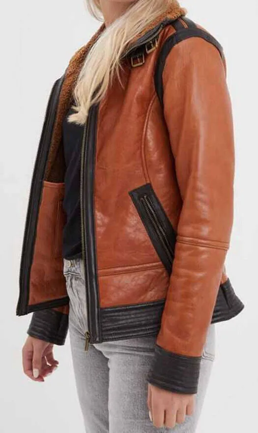 Women's cognac bomber style leather jacket in rose garden emilia