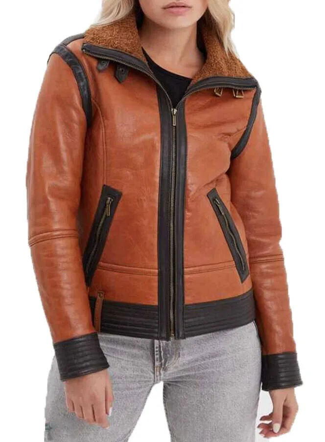 Women's cognac bomber style leather jacket in rose garden emilia