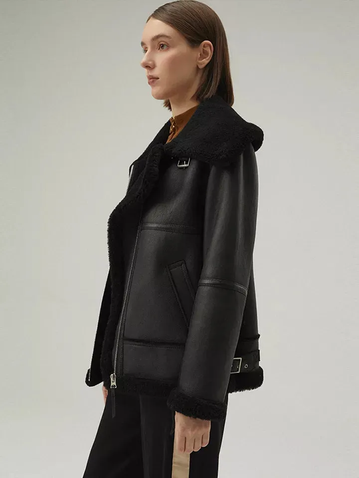 Women’s Matte Black Leather White Shearling Coat Jacket