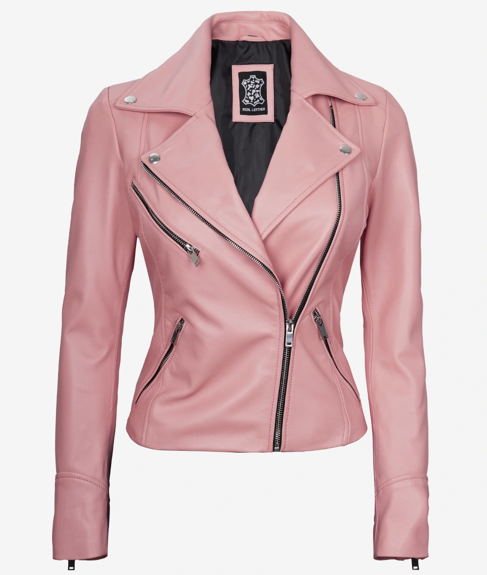 Womens Real Lambskin Leather Pink Moto Jacket