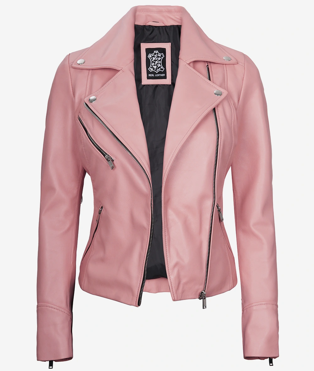 Womens Real Lambskin Leather Pink Moto Jacket