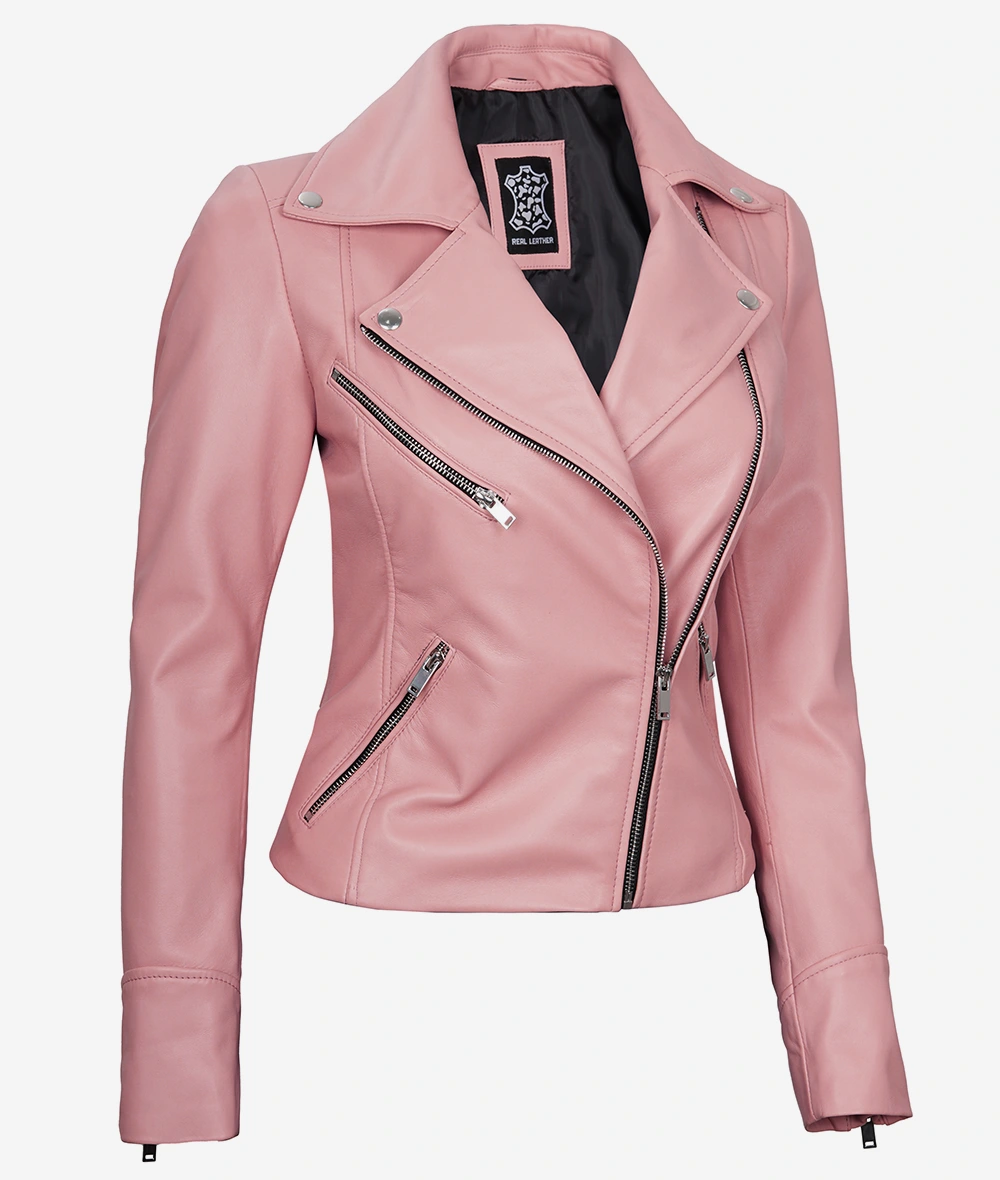 Womens Real Lambskin Leather Pink Moto Jacket