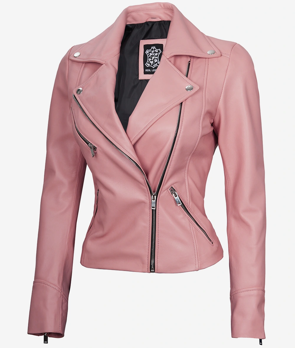 Womens Real Lambskin Leather Pink Moto Jacket