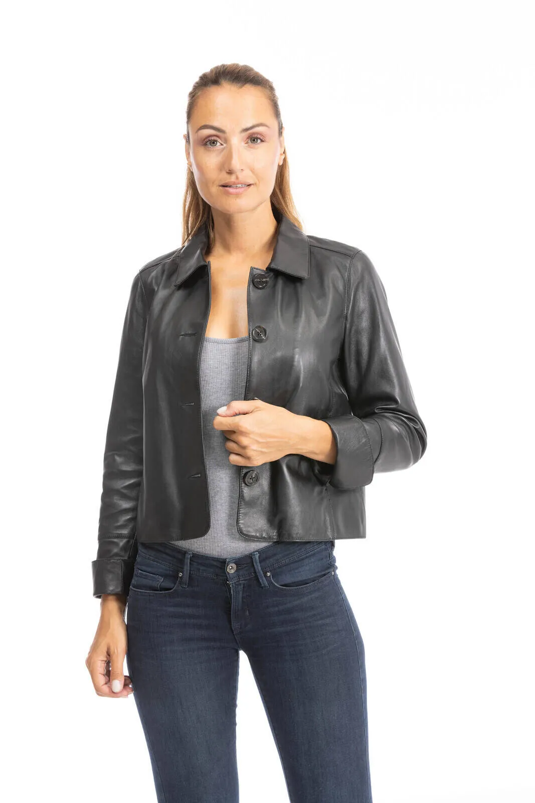 Women's short jacket with black shirt collar 64480