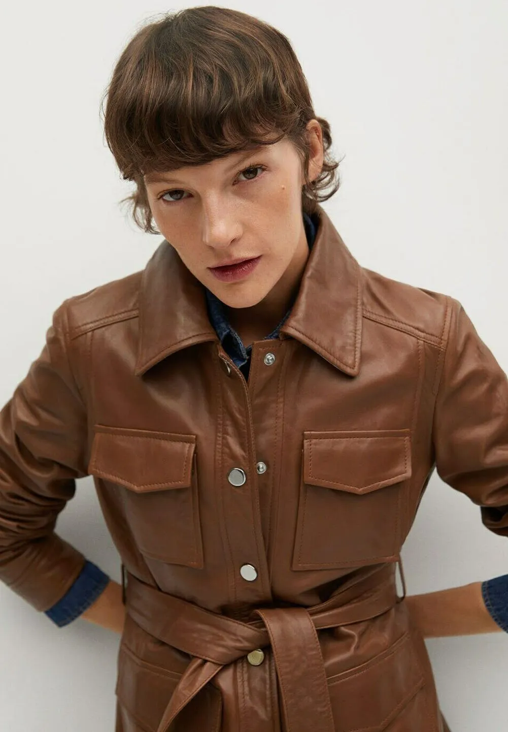 Women’s Tan Brown Leather Trucker Coat