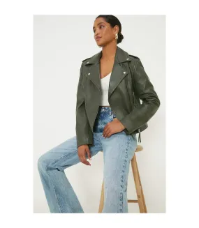 Womens/ladies leather cropped boxy jacket green Dorothy Perkins